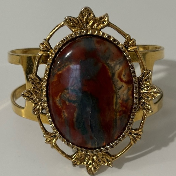 Green Moss Agate stone adjustable bracelet gold tone - Picture 4 of 6